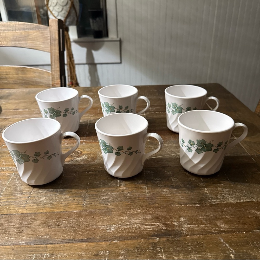 Corelle White Mugs with Green Ivy Band - Set of 6
